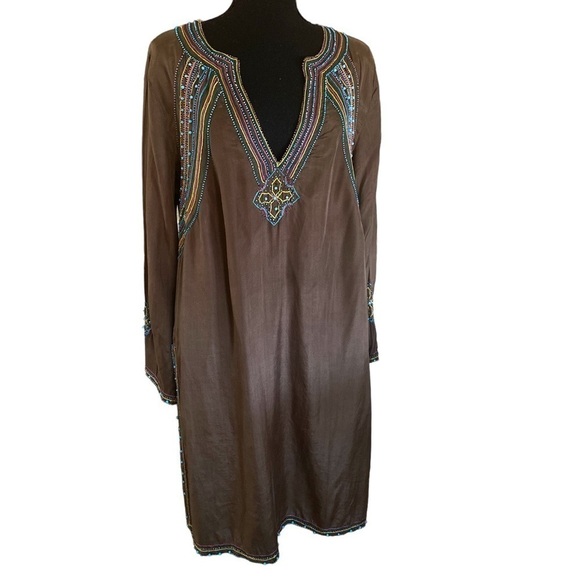 BCBG MAXAZRIA SILK” Tunic Embellished with Stones & Beads Brown Boho Chic Goth - Picture 6 of 14